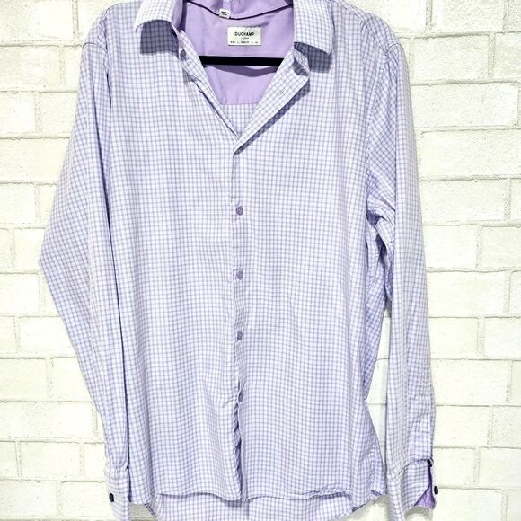Duchamp Slim Fit Gingham Dress Shirt Purple Size 16.5/L - Picture 2 of 7